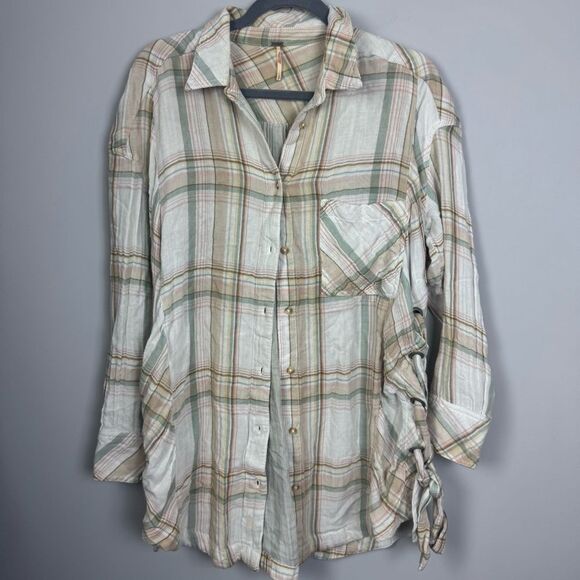 FREE PEOPLE | Nordic Oversized Plaid Button-Up Tunic Shirt Women’s Size Small - Picture 3 of 11